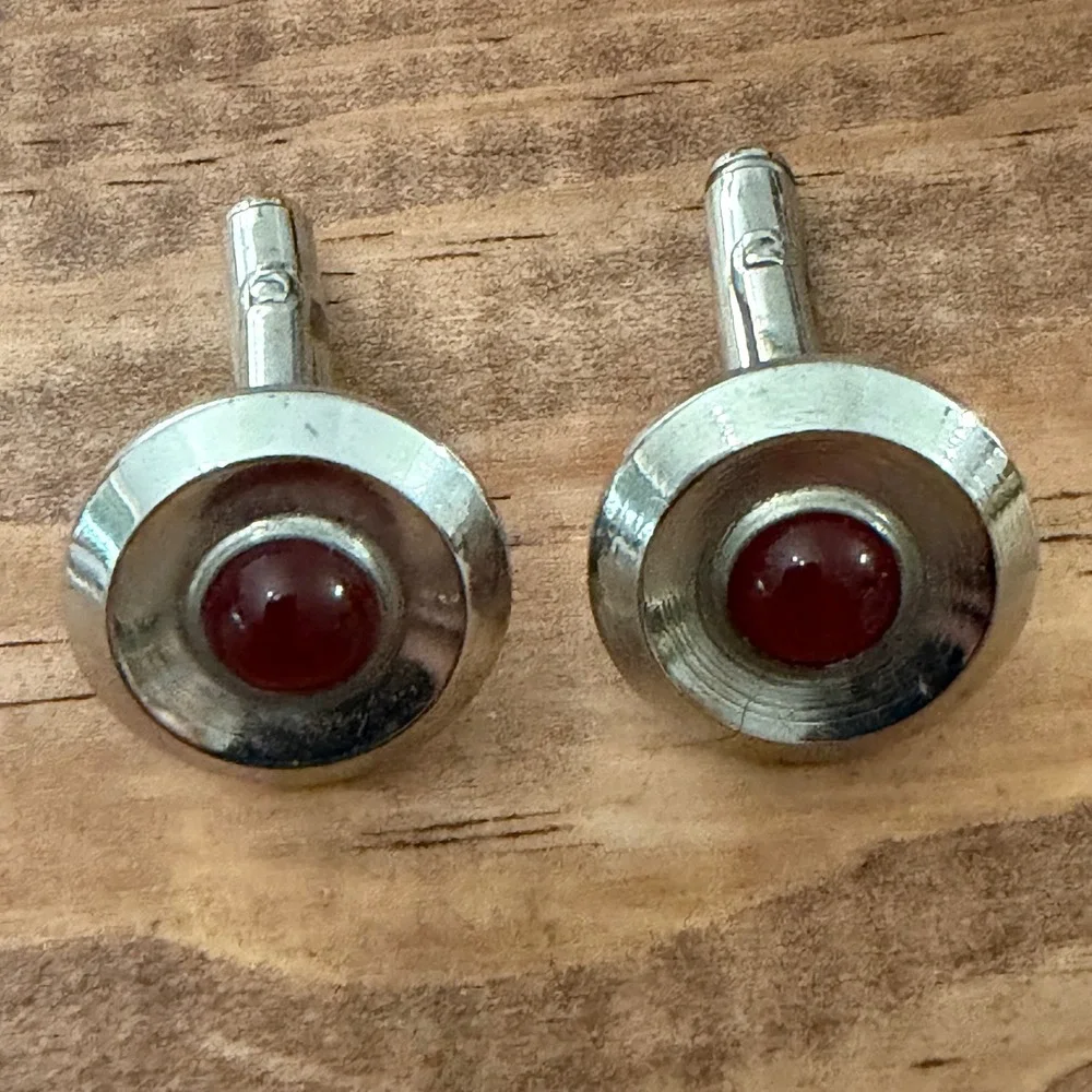 Vintage Silver Tone Red Cabochon Bullseye Cufflinks Mid Century Modern Retro